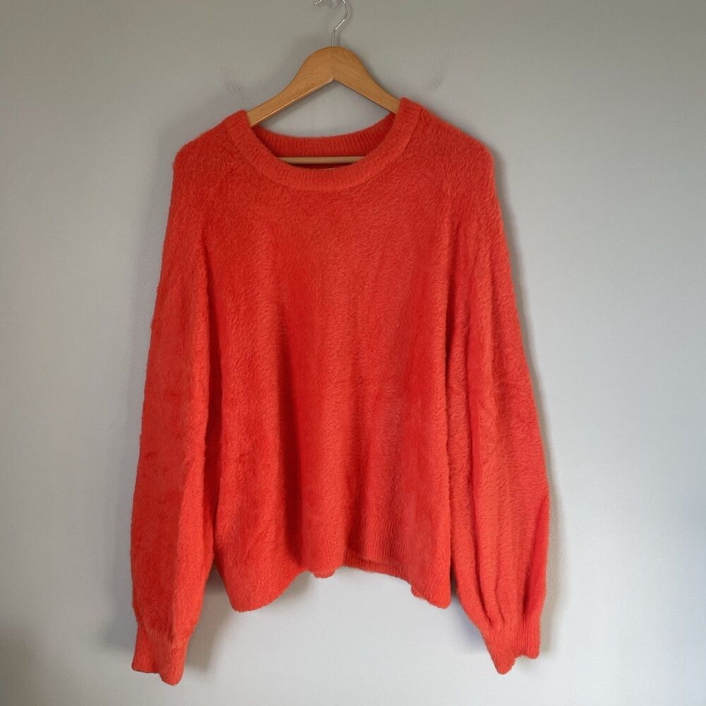 Aerie Oversized Flurry Crewneck Sweater Orange Fuzzy Cozy Women's Size Large